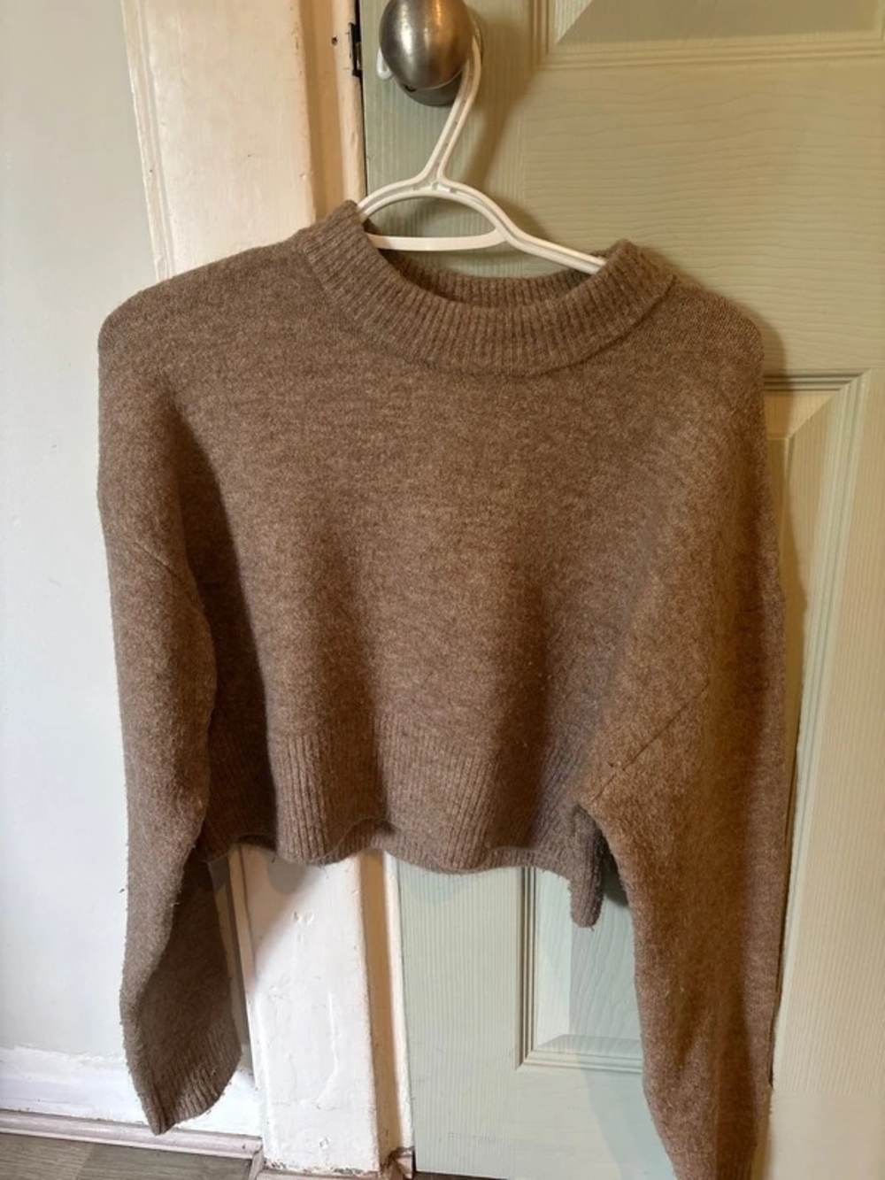 Zara Cropped Crewneck Sweater in Taupe